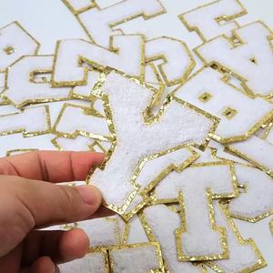 Prensa <span class=keywords><strong>de</strong></span> calor toalla insignias bordadas al por mayor oro brillo borde letras personalizadas alfabeto Chenille bordado parches - Product Image 4