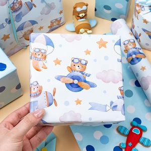Rouleau de papier cadeau pour baby shower, motif ours pilote bleu, 17 pouces x 16,5 pieds, emballage cadeau réversible pour fête d'anniversaire de garçons - Product Image 5