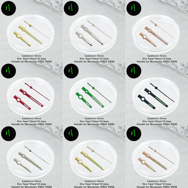 Gold Black Red Watch Hands 8mm 12mm 12.5mm Blue/Green Luminous Pointers for Style for DateJust NH35/NH70/NH36/4R/7S Movements