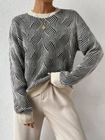 Pull rayé à col rond pour femme, pull en tricot composite chaud et côtelé à manches longues