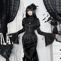 Chemisier Gothique Victorien pour Femme - Chemise Noire en Jacquard à Manches Longues, Manches Cloche, Poignets Évasés, Bordure en Dentelle, Courte, Automne