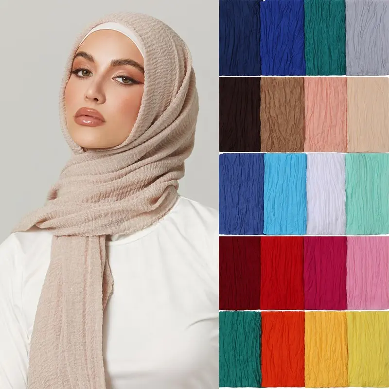 Pleated 일반 Hijab 스카프 이슬람 여성 코튼 주름 머리띠 베일 스카프 패션 이슬람 스카프 헤드 랩 터번