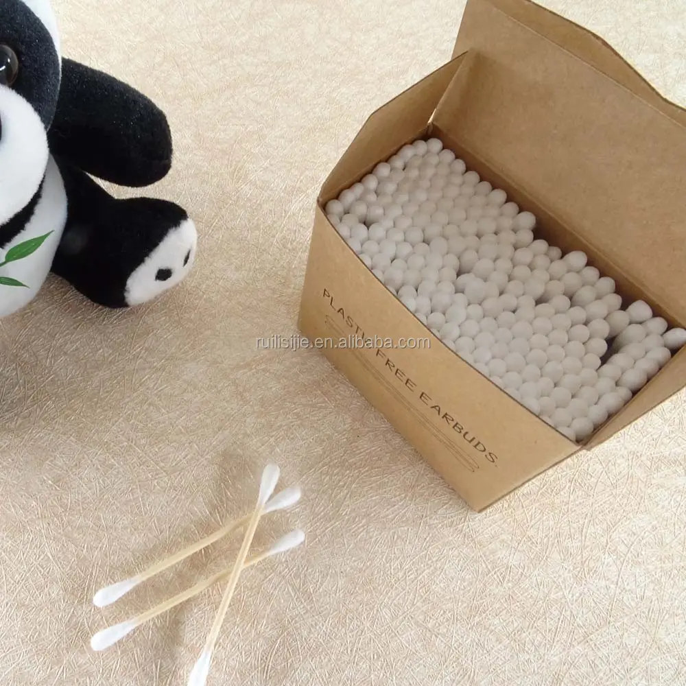 Cotonete de algodão de bambu sem plástico na caixa de embalagem