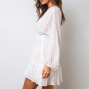 Abito Estivo da Donna Sexy con Scollo a V Profondo, Bianco in Pizzo a Maniche Lunghe, per Matrimoni e Feste, Elegante con Volant - Product Image 4