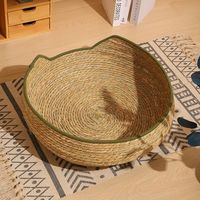 Lit pour chat en rotin tissé naturel, moderne, solide, fait main, avec coussin, pour l'intérieur, toutes saisons