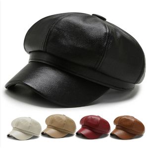 Gorra octogonal de cuero de moda para mujer, gorra de vendedor de periódicos de PU de color sólido informal vintage británico para Otoño e Invierno - Product Image 1