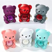 Boîte à bijoux en acrylique ronde avec ours en peluche de 15 cm et fleur éternelle, rose préservée et ours rotatif, coffret cadeau Saint-Valentin