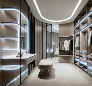 Clóset Moderno Curvo con Entrada - Acabado en Madera Clara y Paneles de Vidrio, Iluminación LED, Tocador Integrado para Espacios de Vestir de Lujo - Product Image 3