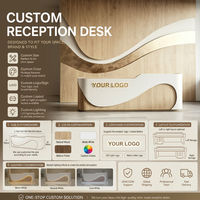 Comptoir de réception LED en bois ondulé de luxe léger avec incrustations, idéal pour salon de beauté, bureau, boutique de vêtements, spa