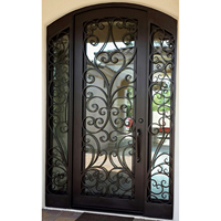 Puerta de Entrada de Hierro Forjado Estadounidense de Arco Superior con Ventanas Laterales Dobles y Panel Inferior, Diseño de Puerta de Hierro Forjado para el Hogar
