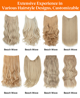 Extensions de cheveux synthétiques à clipser micro-bouclés ondulés, avec fil invisible, couleur blonde, personnalisables en gros, marque privée OEM