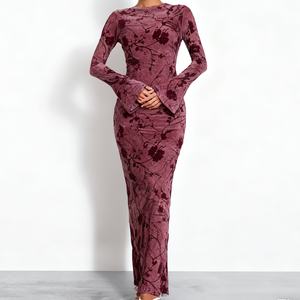 Robes longues ajustées pour femmes, nouveau style, col rond, manches longues, imprimées, dos nu, avec détail de nouage, tendance - Product Image 2