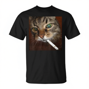 Camiseta con estampado de gato fumando un cigarrillo, camiseta gráfica de algodón negra unisex para adultos - Product Image 2