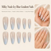 K725 Kaixin Ongles à presser Ombré Bleu Glacé, Bleu Intérieur, French, Forme Ovale Longue, Nail Art