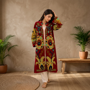 Vestido Maxi Boho de Terciopelo con Bordado Floral, Cuello Mandarín, Manga Larga, Corte Holgado, para Otoño - Product Image 1