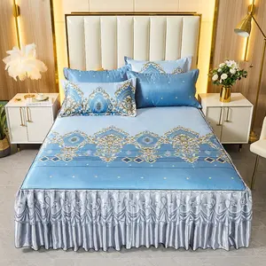 Ice Silk rok tempat tidur renda musim panas tikar gaya Paris laut bunga tempat tidur Linen 2 sarung bantal + rok tempat tidur set penuh queen king ukuran