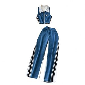 Women's Vintage Summer Woven 2-Piece Long Sets V-neck Sleeveless Short Crop <b>Top</b> Breathable High Waist Color Blocking Denim Pants - Product Image 5
