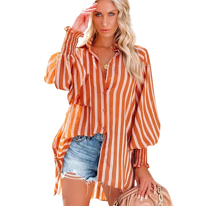 Wholesale Plus Size Woman Clothing Shirts Blouse Stripe Smocked Cuffs Long Sleeve Clothes Chiffon Tops Women Blouses Shirts