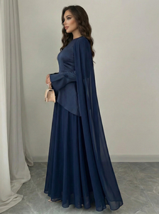Vestido Abaya Maxi Musulmán Modesto para Mujer, de Verano, con Cintura Peplum, Manga Campana y Capa de Chifón de Lujo Personalizado LEDUO - Product Image 2