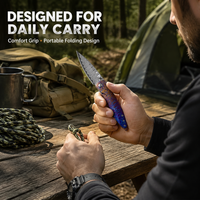 Couteau de poche pliant utilitaire/Bowie en acier Damas haut de gamme pour l'extérieur, lame Aigle, manche en alliage de titane bleu OEM, pour le transport quotidien