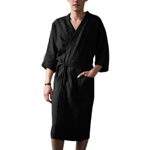 Accappatoio da Uomo a <span class=keywords><strong>Tre</strong></span> <span class=keywords><strong>Quarti</strong></span> di <span class=keywords><strong>Manica</strong></span>, Nuovo Stile, Lungo, per Casa, Tinta Unita, Comodo, in Lino, Pigiama, Vestaglia, Abbigliamento Notturno - Product Image 4