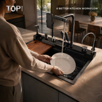 Évier de cuisine en acier inoxydable 304 noir nano fait main avec robinet cascade, planche à découper, support de téléphone et LED cUPC
