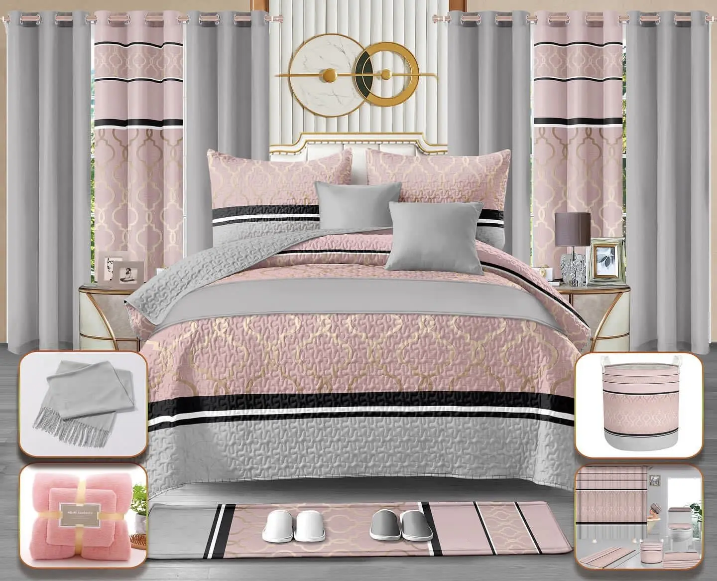 Wholesale king size 24 pieces bedding set with curtains and carpet