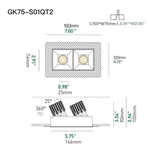 XRZLux 15W * 2 조정 가능한 트리밍 LED COB 다운 라이트 양방향 사각 매입형 LED 스포트라이트 ETL 실내 천장 조명 - Product Image 5
