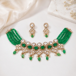 Green Beaded <b>Choker</b> Necklace Set with Crystal Rhinestones 925 <b>Silver</b> Necklace and Earrings Set for Women Green Beads Kundan - Product Image 2
