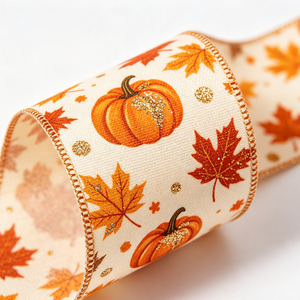 Ruban filé Grace 2 1/2 pouces, imprimé pailleté, résistant au rétrécissement, longueur personnalisée, motif feuilles de récolte et citrouille, en rouleau pour la décoration intérieure - Product Image 4