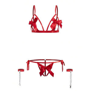 2025 vilaine fille sous-vêtements personnalisé mature rouge soutien-gorge et culotte strass lettres string saint valentin ensembles de soutien-gorge avec grand nœud - Product Image 3