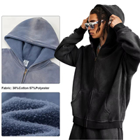 Blouson polaire zippé streetwear 360g épais, aspect délavé, avec accessoires industriels, modèle vierge du fabricant