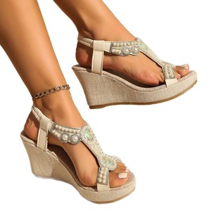 Sandales compensées d'été pour femmes, nouvelles sandales romaines à perles à semelle épaisse, style bohème - Product Image 5