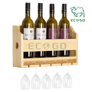 ชั้นวางไวน์ไม้ติดผนังพร้อมที่วางแก้วที่วางขวดไวน์ไม้ไผ่ - Product Image 1