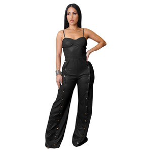 AJ4479 Fornitura Transfrontaliera <span class=keywords><strong>Tuta</strong></span> Estiva da <span class=keywords><strong>Donna</strong></span> <span class=keywords><strong>in</strong></span> Ecopelle con Perline Senza Maniche Gamba Larga Lunghezza Intera Vita Media - Product Image 2