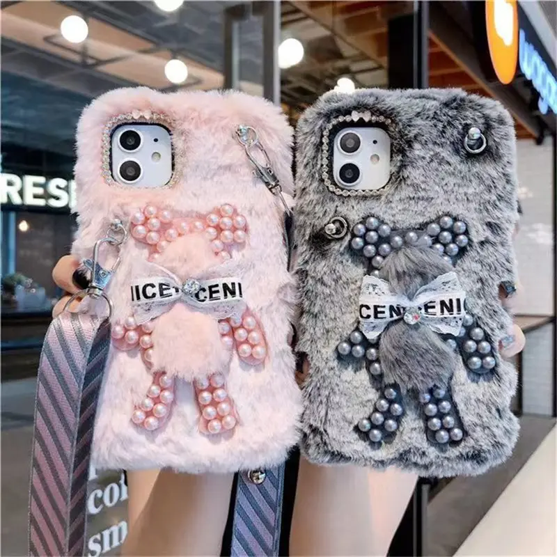 Cute Rabbit Bear Fur Plush Pearl Winter Fluffy diamond pearl furry mink fluffy cell phon e case for iPhone 13 pro max for Xiaomi