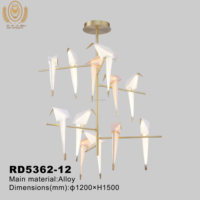 Suspension contemporaine 12 pigeons/colombes avec lumières LED et lustre en laiton et acrylique pour salle à manger