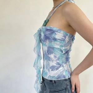 Haut bustier vintage pour femme à imprimé floral, avec volants plissés sur le devant, ruban et décorations perlées, collection été 2026 - Product Image 4