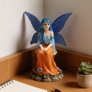 Escultura de Resina de Hada de Fantasía Personalizada, Vestido Azul y Naranja, Chica Hada Pintada a Mano Sentada en una Base de <span class=keywords><strong>Roca</strong></span> con Flores Coloridas - Product Image 4