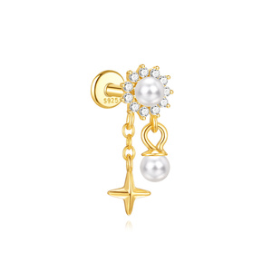 Pendientes de Aro Geométricos de Lujo S925 con Borlas de Perlas y Diseño de Flor y Estrella de 18K, Chapados en Rodio, de Moda - Product Image 2