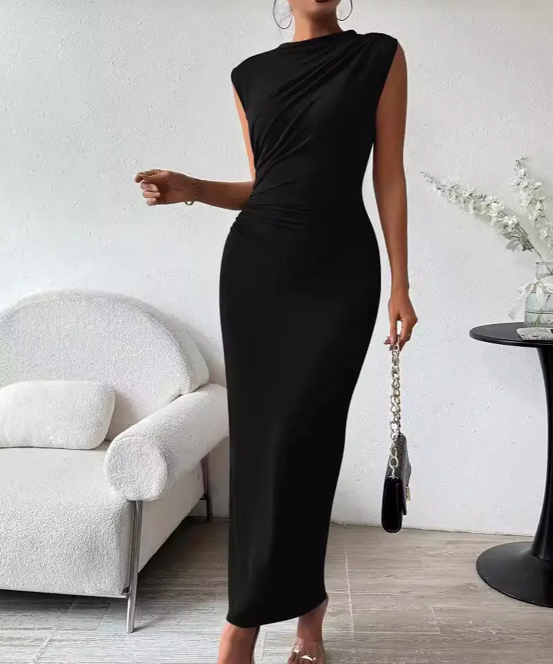 Custom Long Plain Black Sleeveless Dress