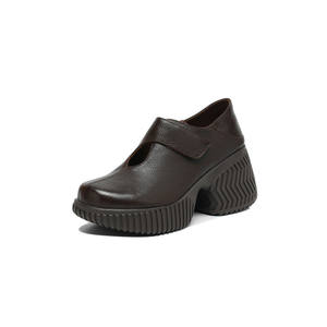 Chaussures pour femmes en cuir véritable, à semelle souple, style rétro, élégantes, simples, à bout rond, à talon plat, avec fermeture velcro, couche intérieure et extérieure - Product Image 1