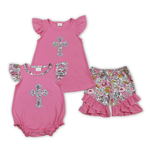 Conjunto de Ropa a Juego para Niñas con Bordado de Flores Rosadas para Pascua - Product Image 1