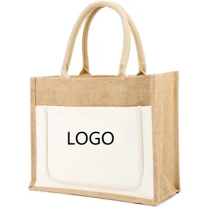 Eco Friendly Customized Logo Canvas and Jute bags Supplier Plain Burlap Jute Shopping Beach Tote Bag with Exterior Pocket