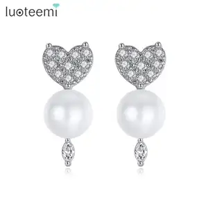 LUOTEEMI品牌女士时尚猫耳环高品质CZ和玻璃珍珠时尚可爱耳环