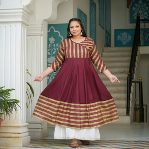 Women's Premium Stripe Printed Rayon Anarkali Kurti Plus Size Angrakha Neck Three Quarter Sleeves Maroon Color Fit Casual Wear - Product Image 1