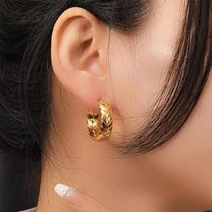 Créoles tressées plaquées <span class=keywords><strong>or</strong></span> 18 carats, motif feuille de blé torsadée, hypoallergéniques en acier inoxydable, bijoux fantaisie pour femme - Product Image 5