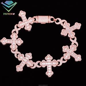 Yu Ying Made 18K Moissanite 925 <b>Silver</b> Cross Bracelet with Cuban Chain Trendy Jewelry Charm <b>for</b> <b>Women</b> <b>for</b> Gifts Parties - Product Image 1
