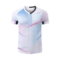 Jersey Badminton Custom Line Print 100% Poliester Kontras Bahu Cepat Kering Menyerap Keringat Pakaian Latihan Tim Logo Custom