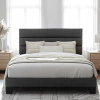 Cadre de lit King-Size moderne beige intelligent pour la maison avec sommier rembourré, sommier à lattes en bois et tête de lit – Garantie 1 an